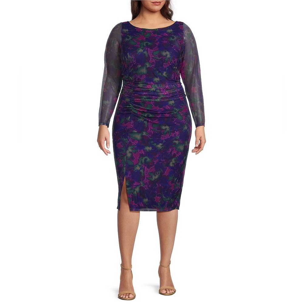 Vince Camuto Plus Sz 22W  Floral Mesh Boat Neck Long Sleeve Bodycon Midi Dress